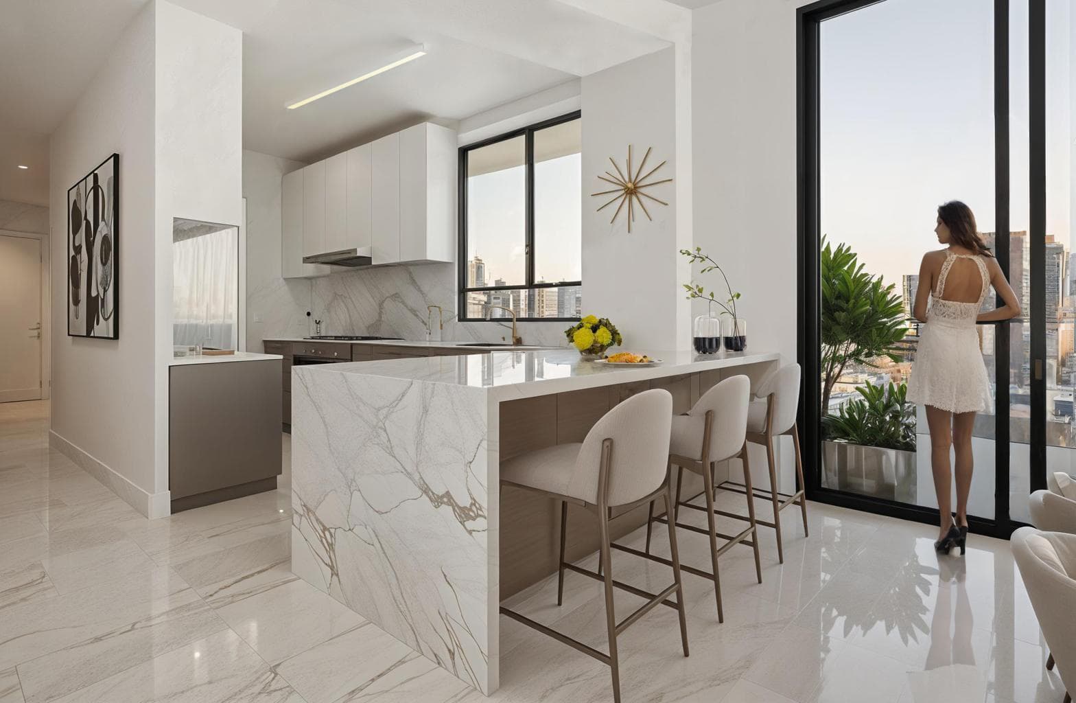 Kitchen with island of a Model A apartment at Cocomare