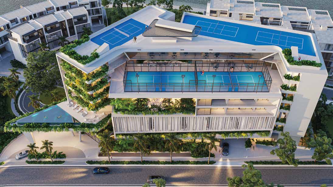 Aerial view of the rooftop pool and courts of O Club Residences