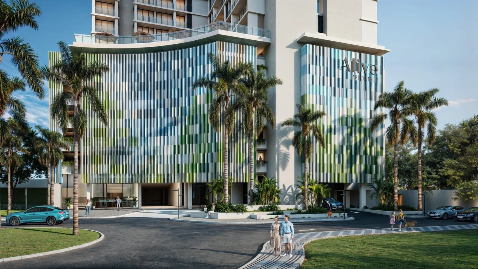 Street-level view of the Alive Art District entrance and its tiled podium