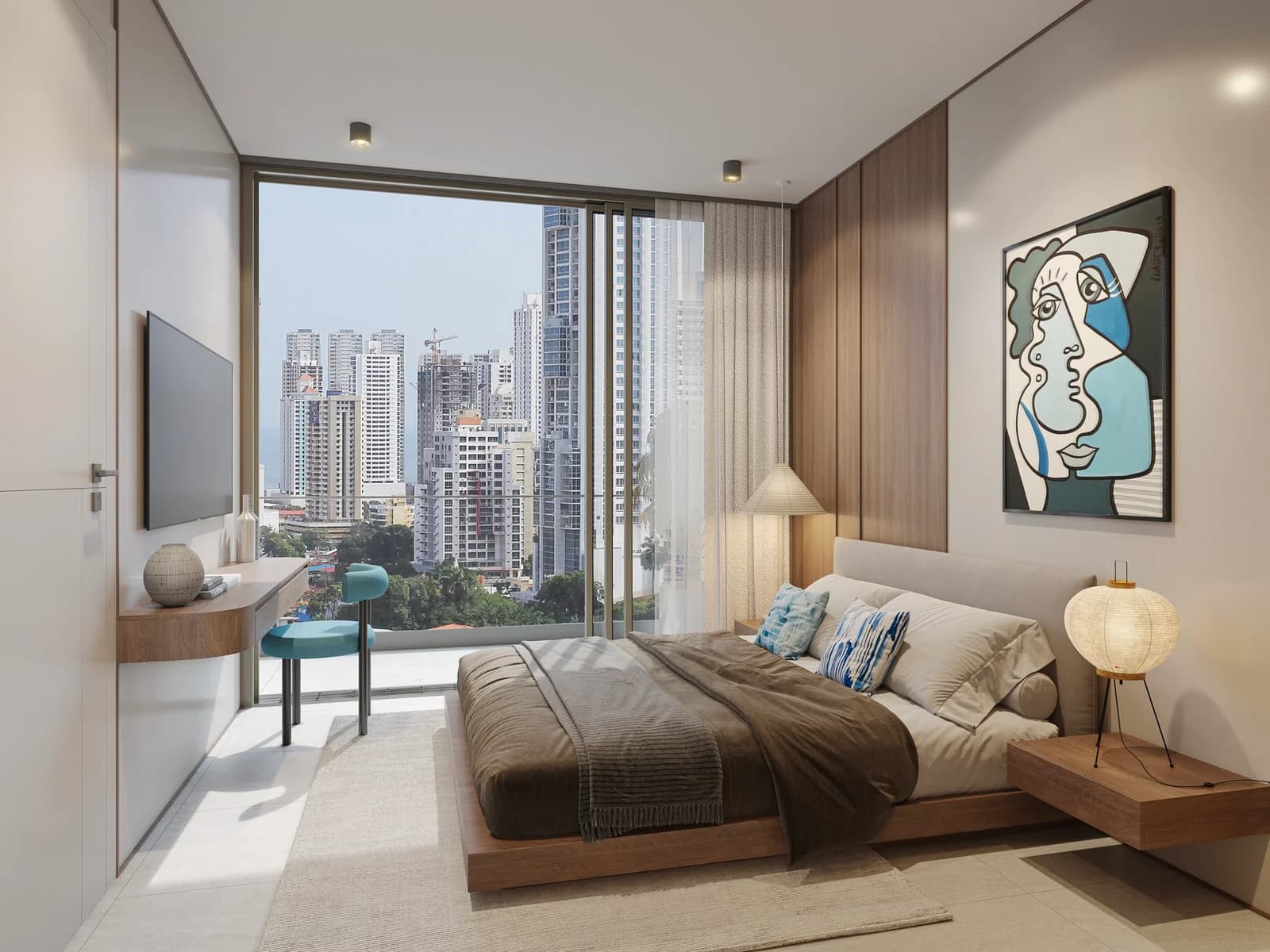 Main bedroom with city views at Alive Art District