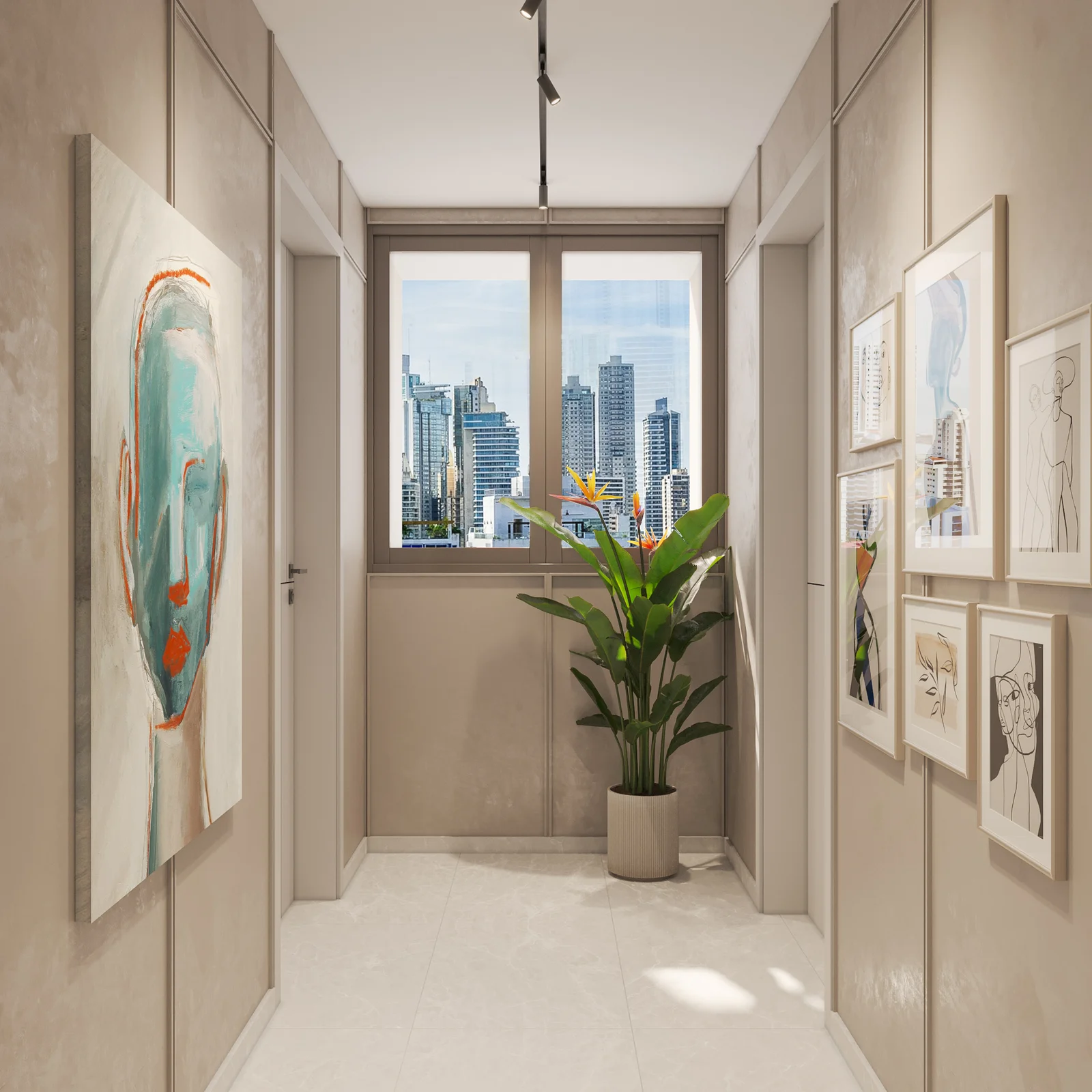 Entrance hall with art and a city view at Alive Art District