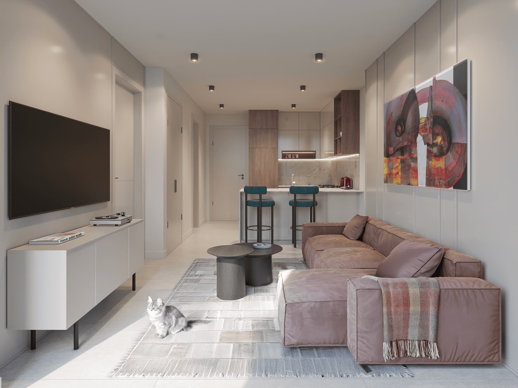 Living room with open kitchen in an apartment at Euphoria Art District