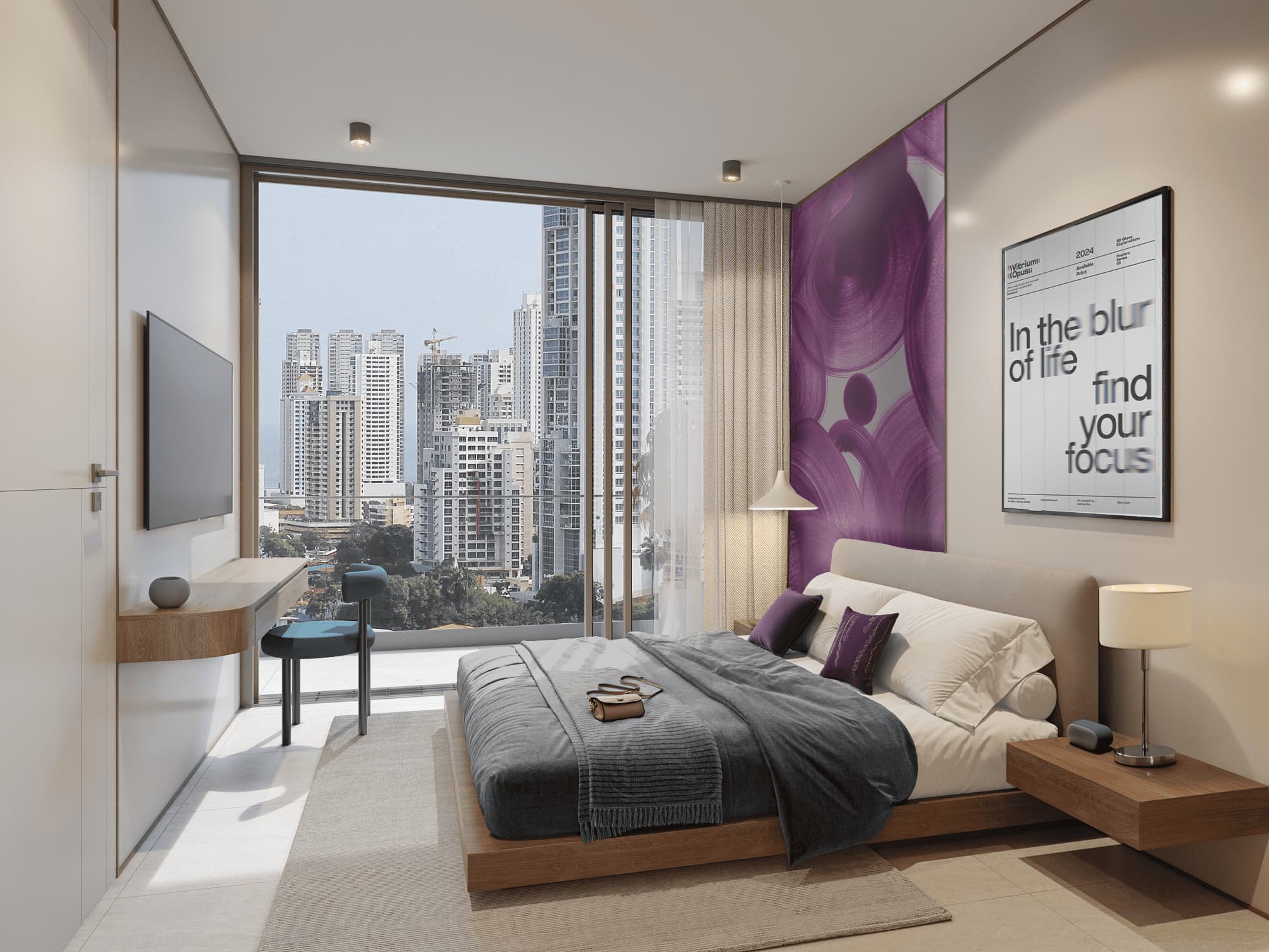 Bedroom with Punta Pacifica skyline views at Euphoria Art District