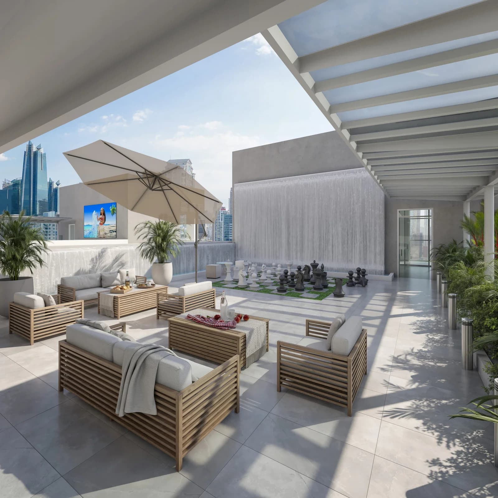 Rooftop terrace with lounge seating at AWA by Living