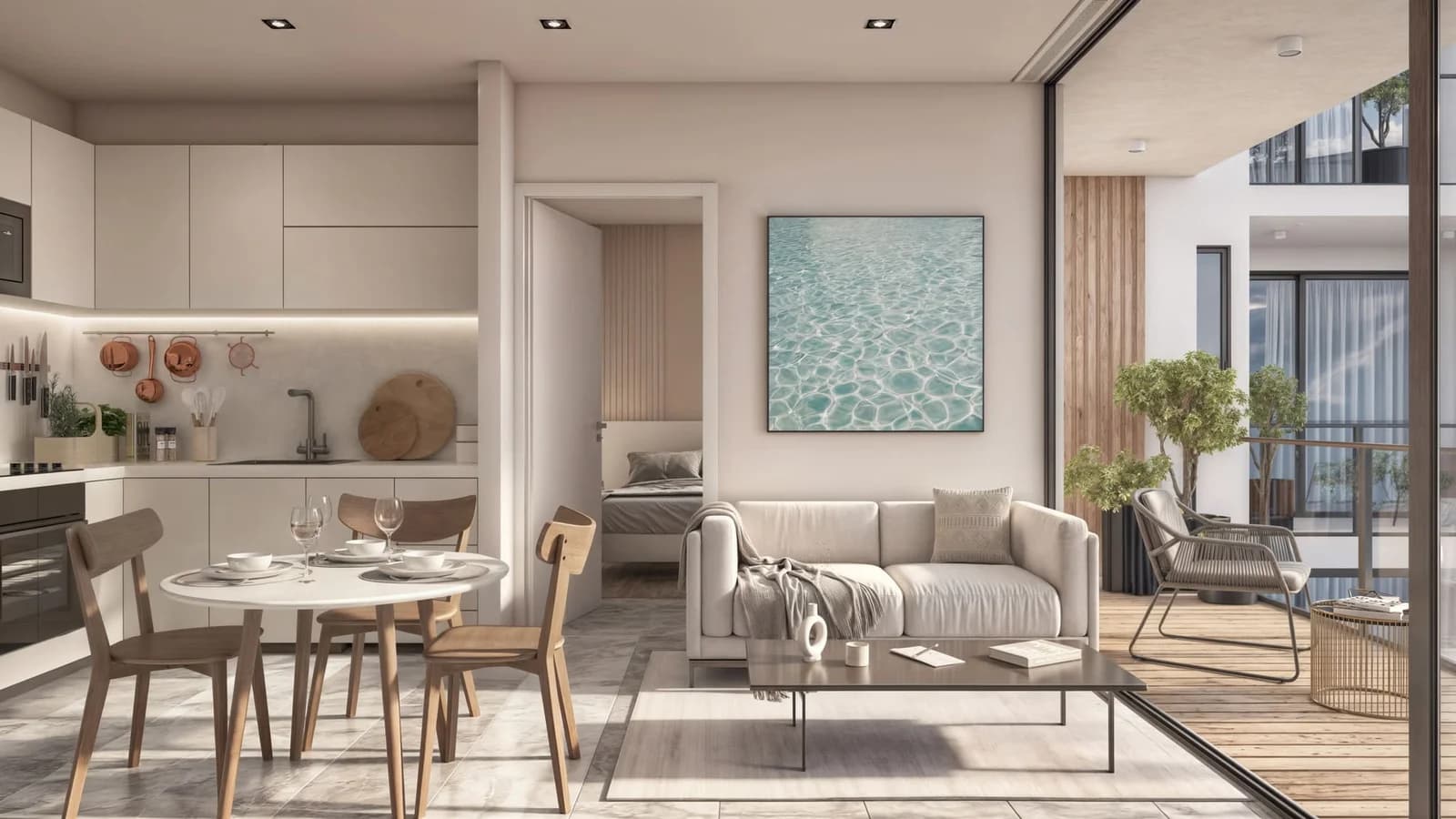 Living and dining area with balcony in an apartment at AWA by Living