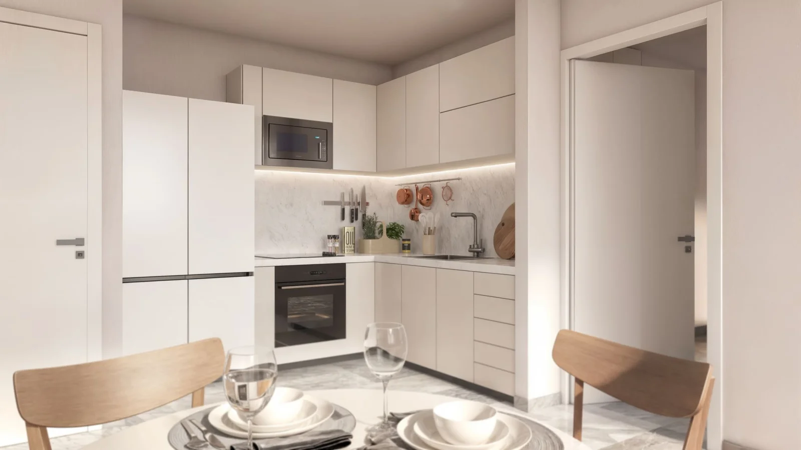 Open kitchen in an apartment at AWA by Living