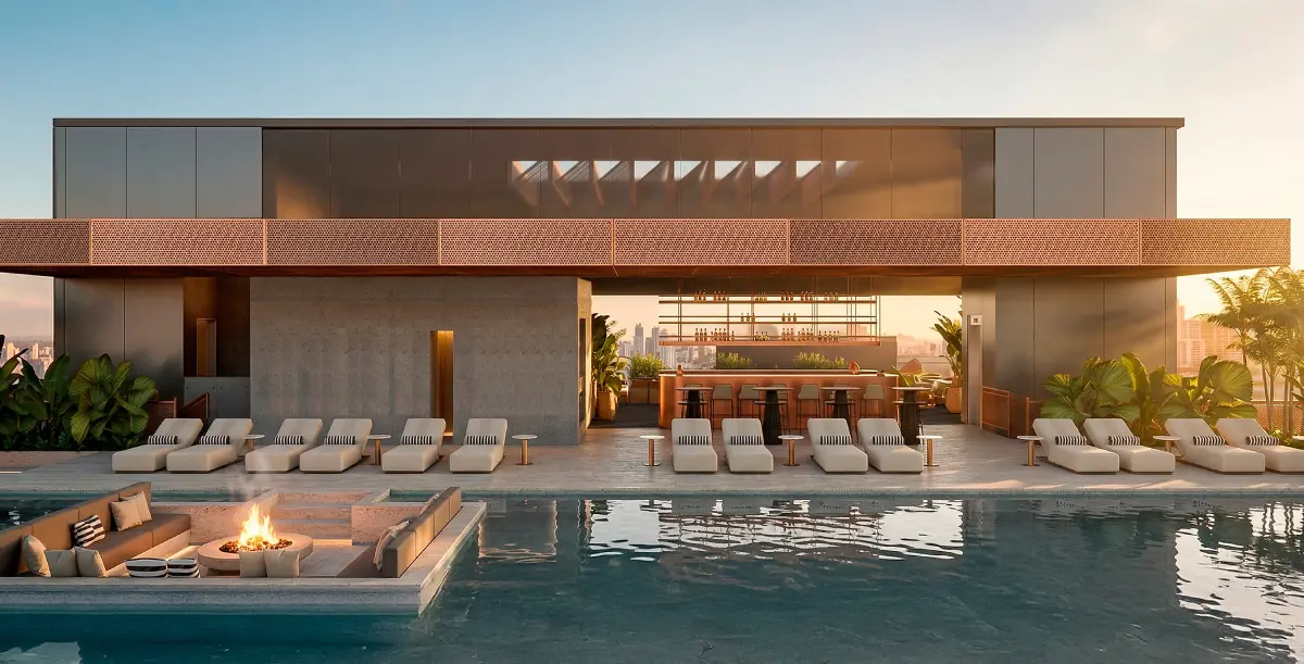 Uptown pool deck with fire pit and loungers