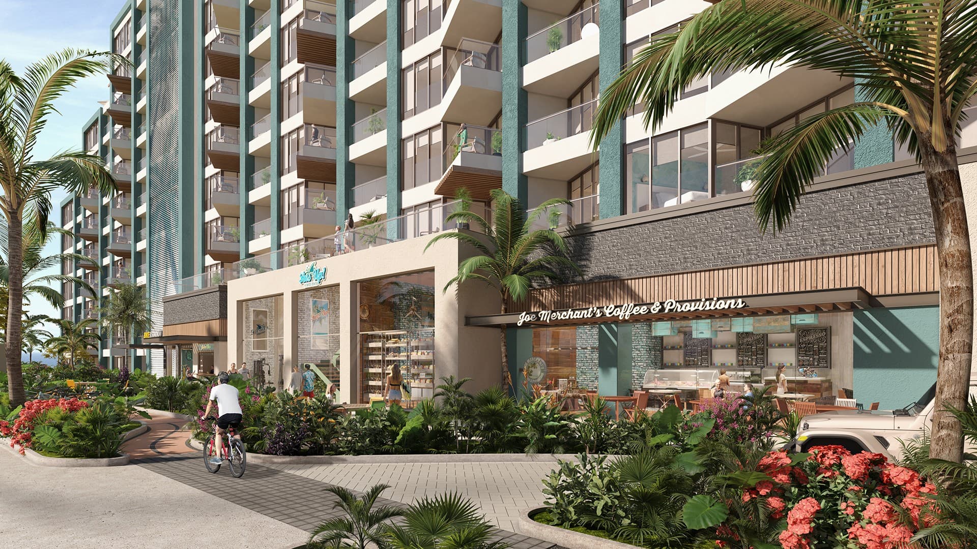 Condo tower and ground-floor shops at Margaritaville Beach Resort & Residences Playa Caracol