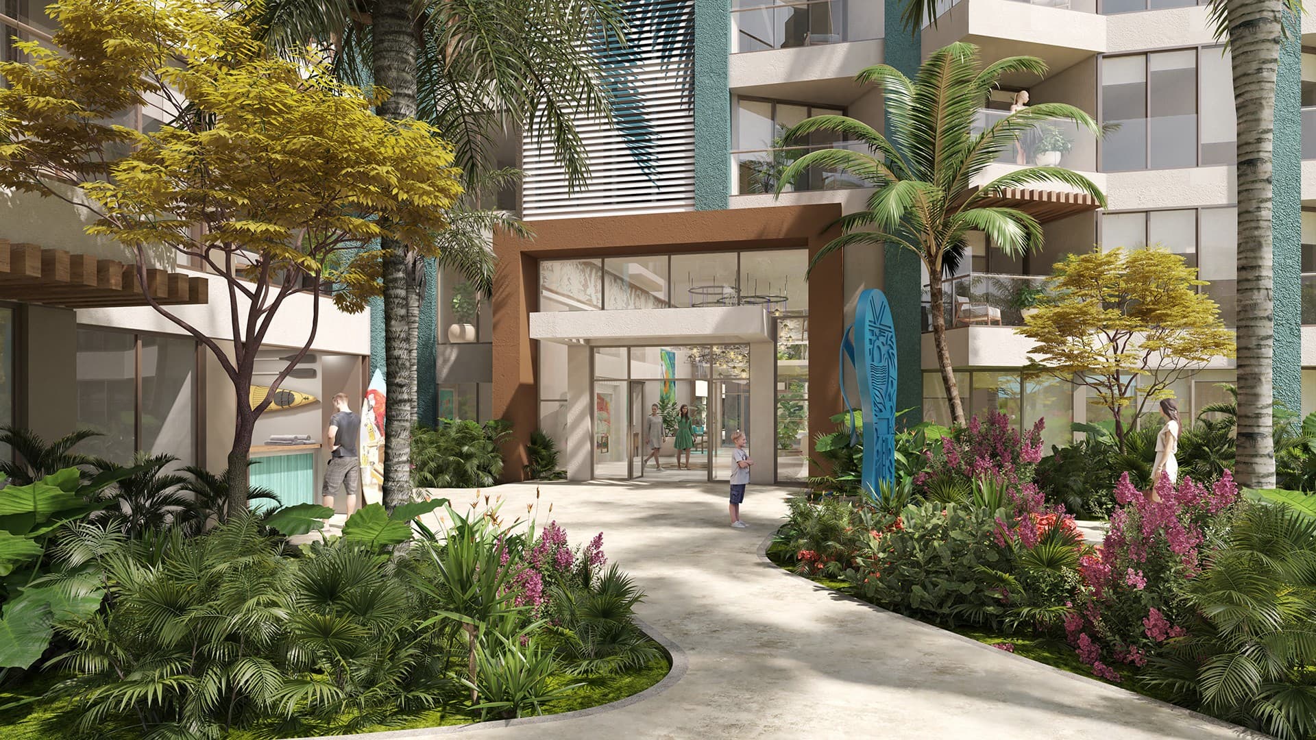 Garden entrance to a condo tower at Margaritaville Beach Resort & Residences Playa Caracol