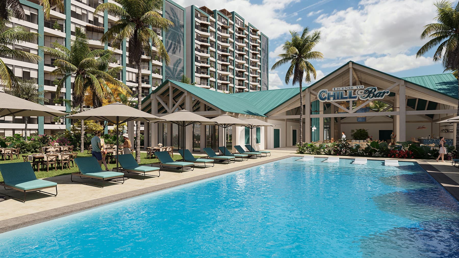 Resort pool and pool bar at Margaritaville Beach Resort & Residences Playa Caracol