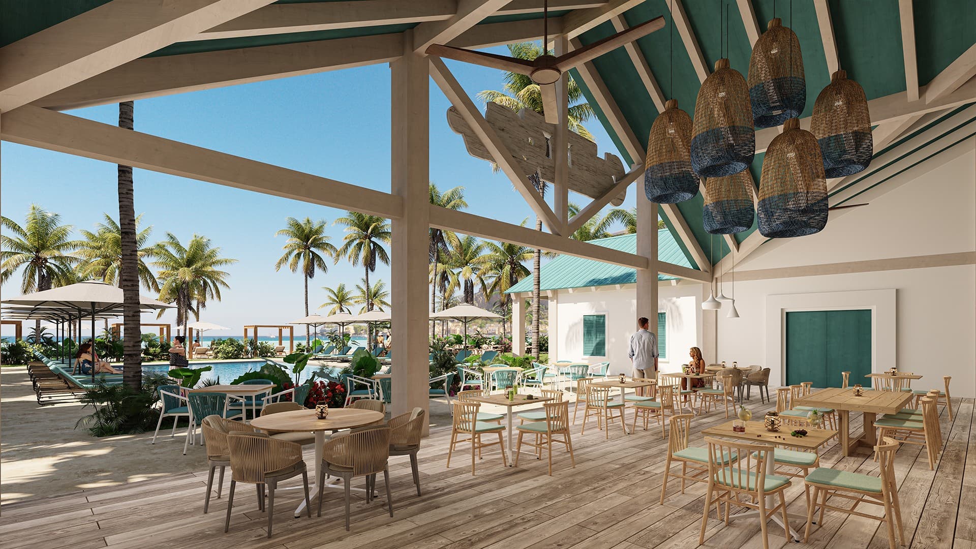 Open-air beach club overlooking the ocean at Margaritaville Beach Resort & Residences Playa Caracol