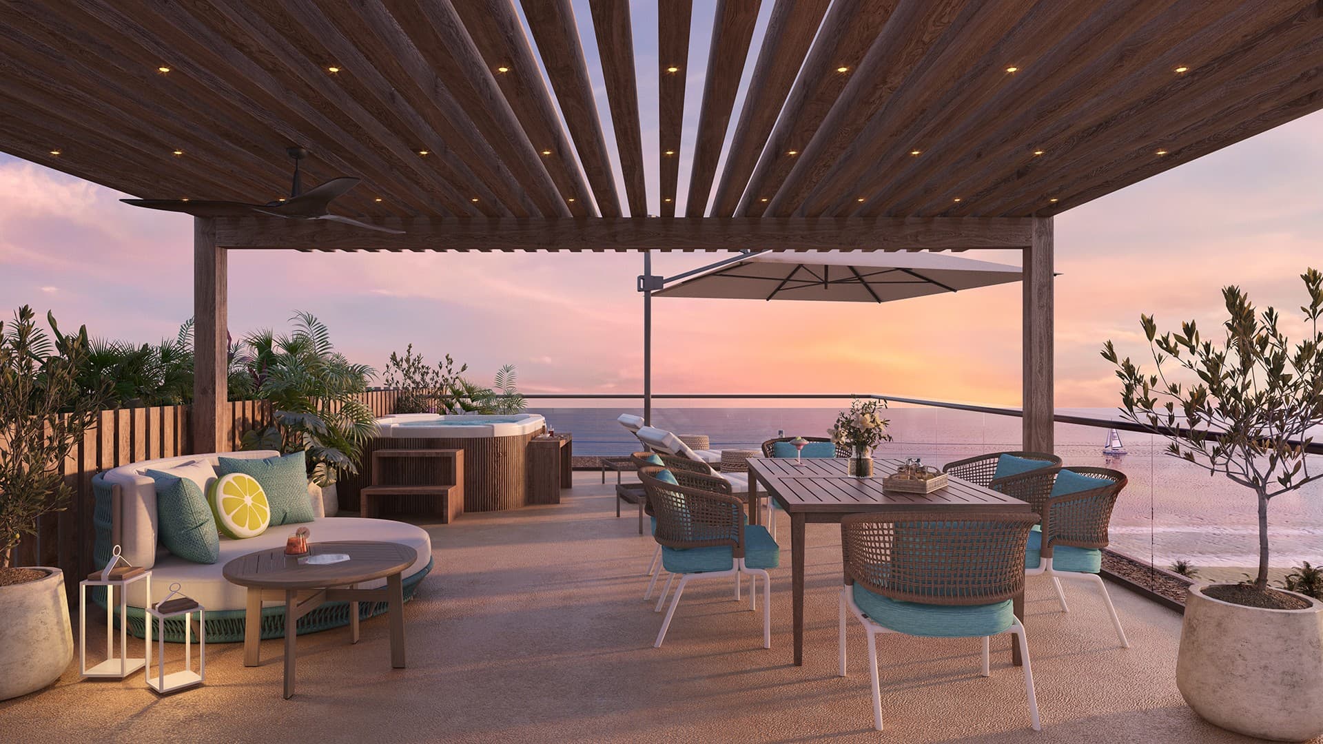 Covered terrace with ocean view at sunset at Margaritaville Beach Resort & Residences Playa Caracol