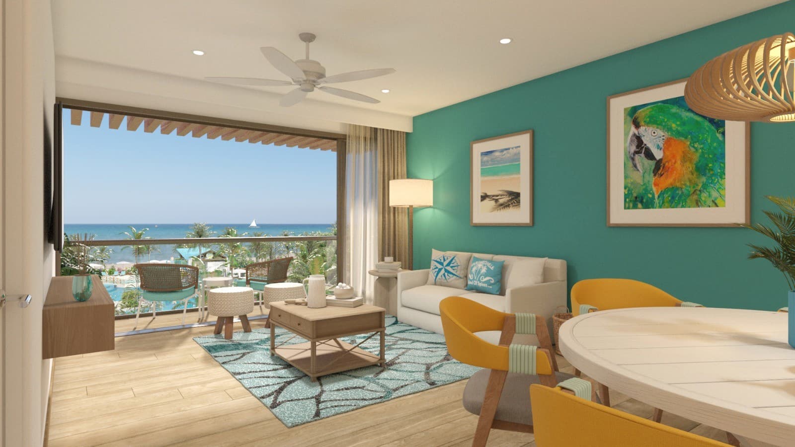 Living room of a condo with ocean view at Margaritaville Beach Resort & Residences Playa Caracol