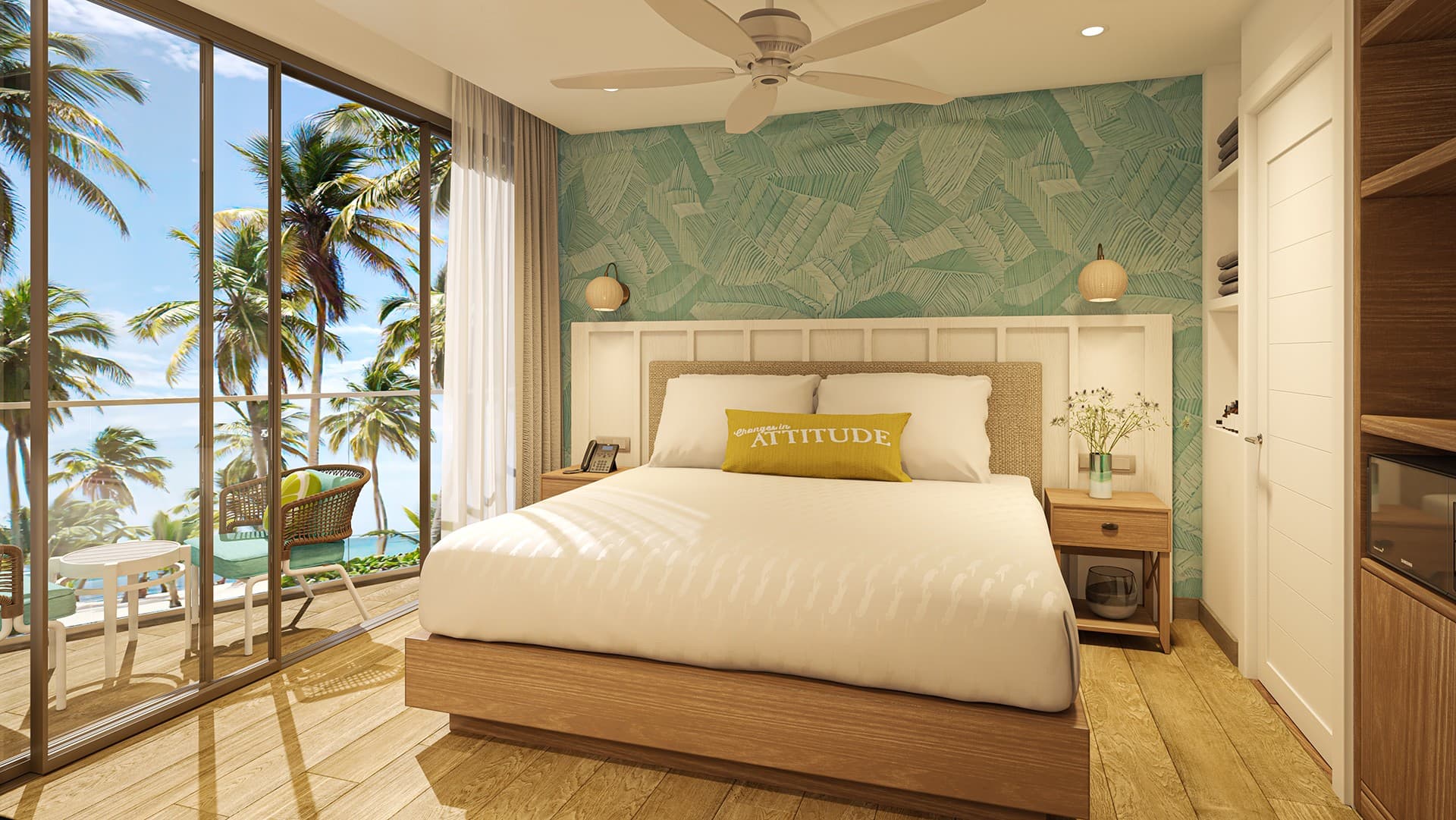Bedroom of a condo with a balcony at Margaritaville Beach Resort & Residences Playa Caracol