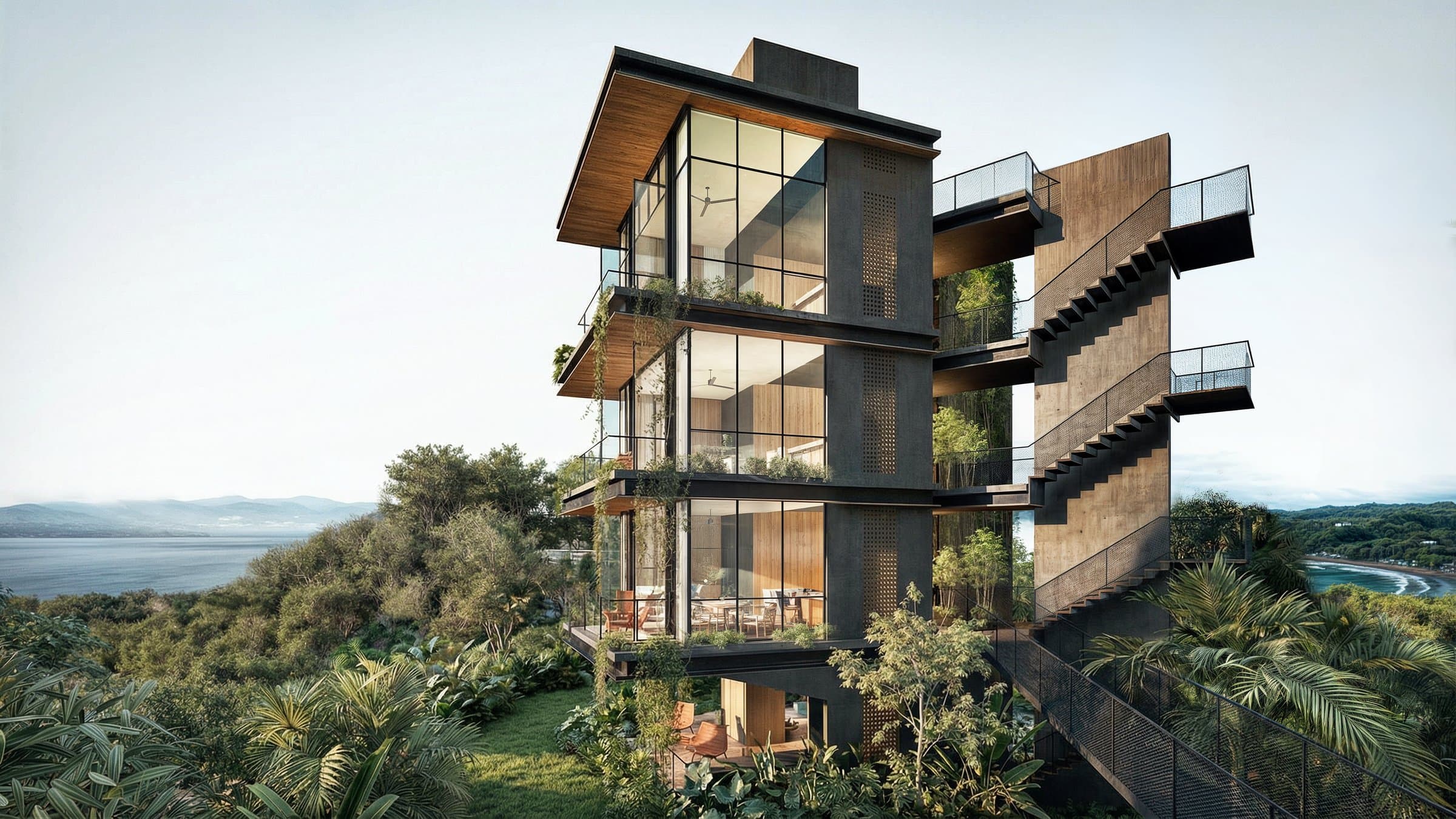 Boutique condo tower of Vervana Phase II Templo rising from the jungle with Pacific views