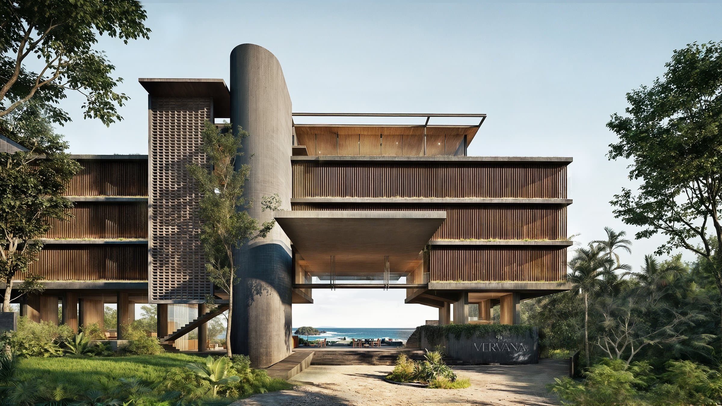 Tropical brutalist towers and villas of Vervana Phase II Templo among the trees