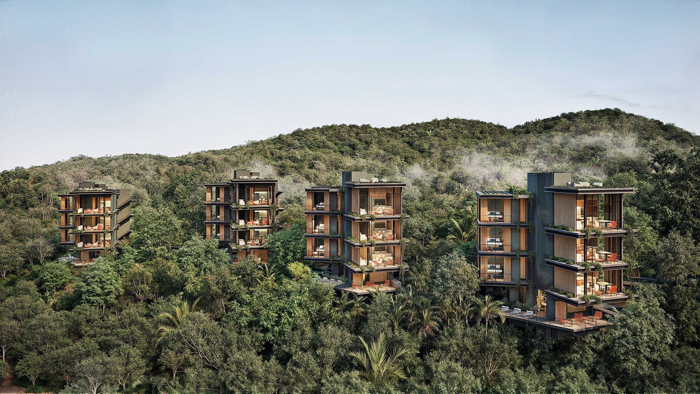 Four boutique towers of Vervana Phase II Templo on their plateau above Playa Venao