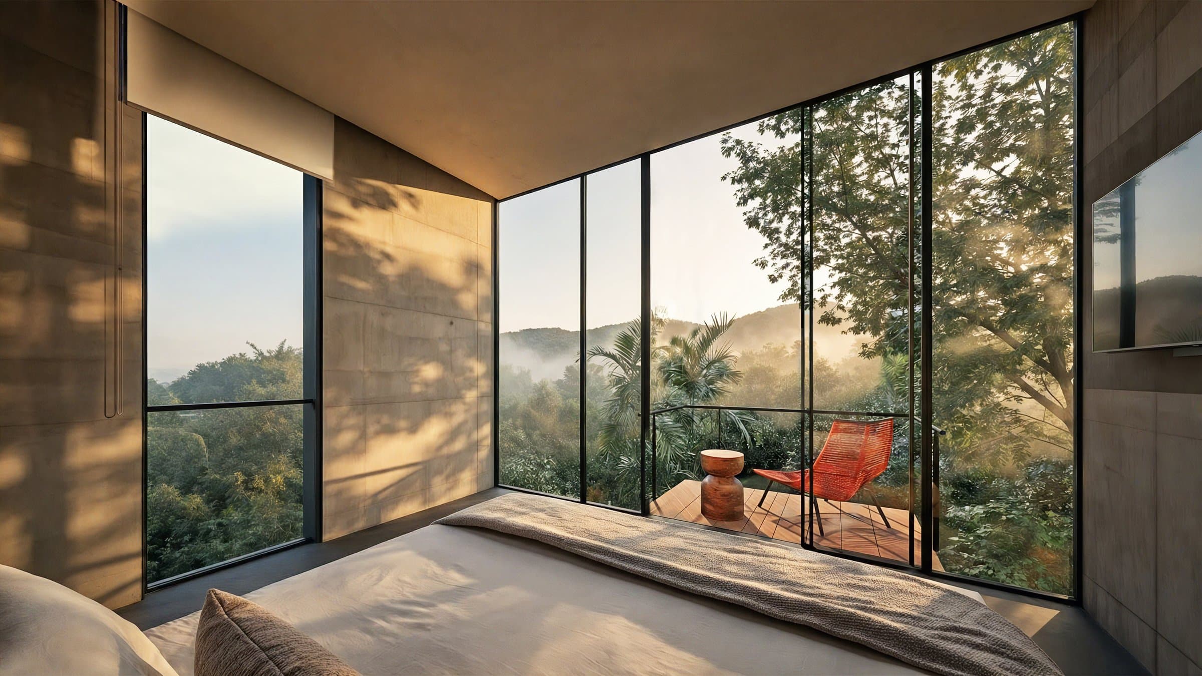 Corner living room framed by glass and jungle at Vervana Phase II Templo