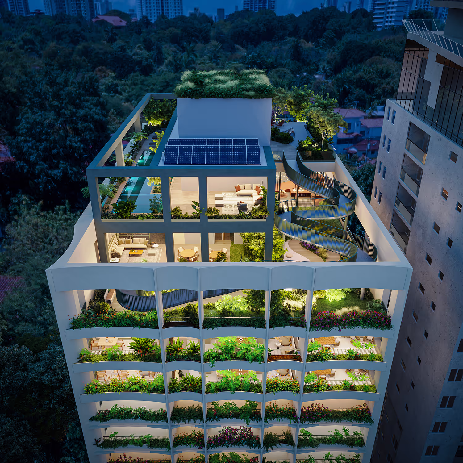 Aerial view of the A19 Cincuentenario tower and its green rooftop