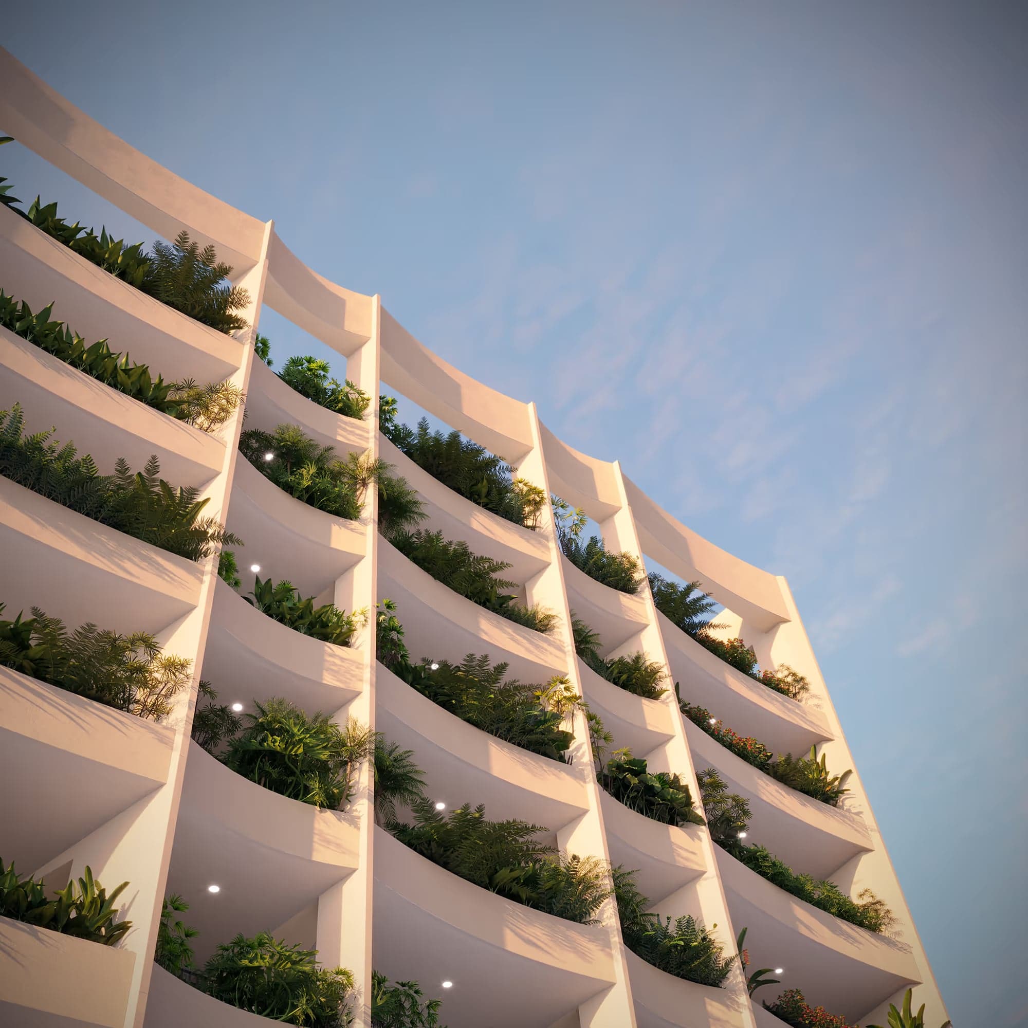Facade of A19 Cincuentenario with its planted balconies, Coco del Mar