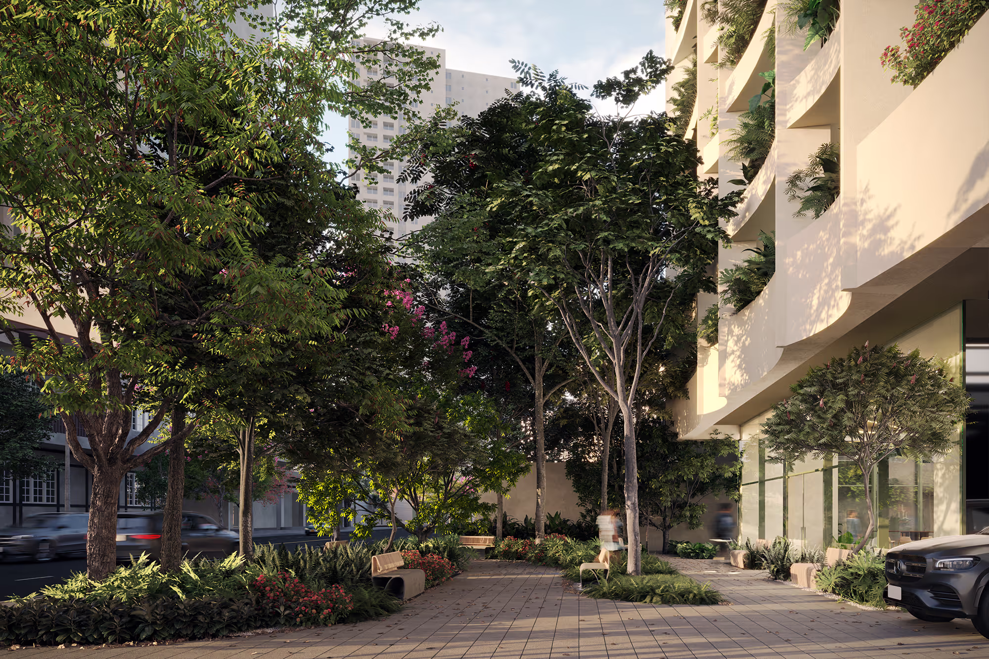 Tree-lined front garden at the entrance of A19 Cincuentenario
