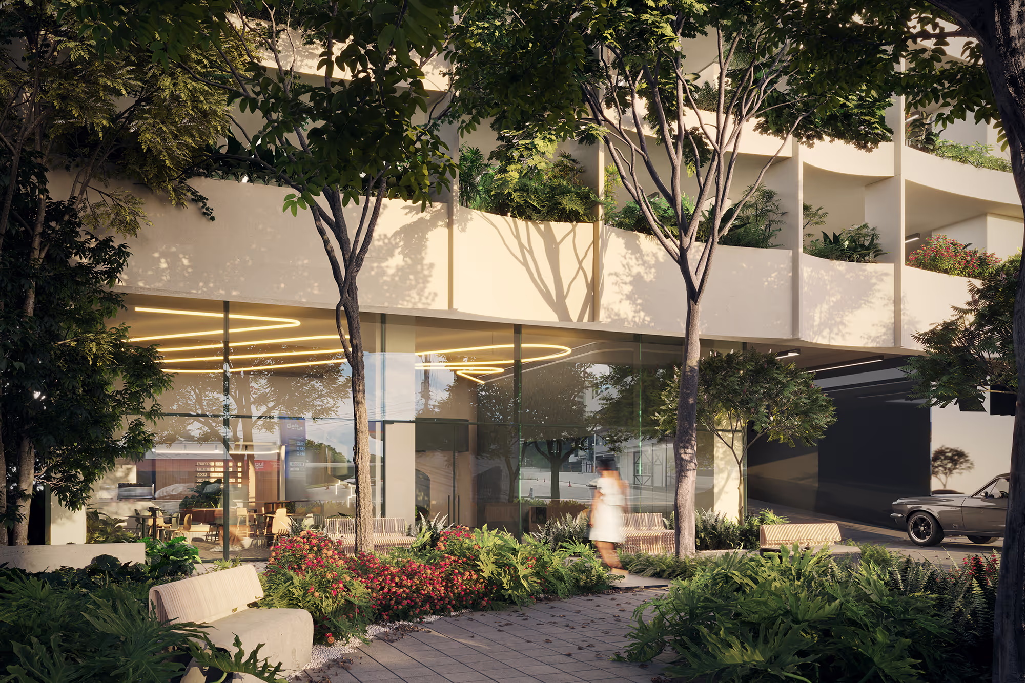 Park plaza and lobby at the base of A19 Cincuentenario