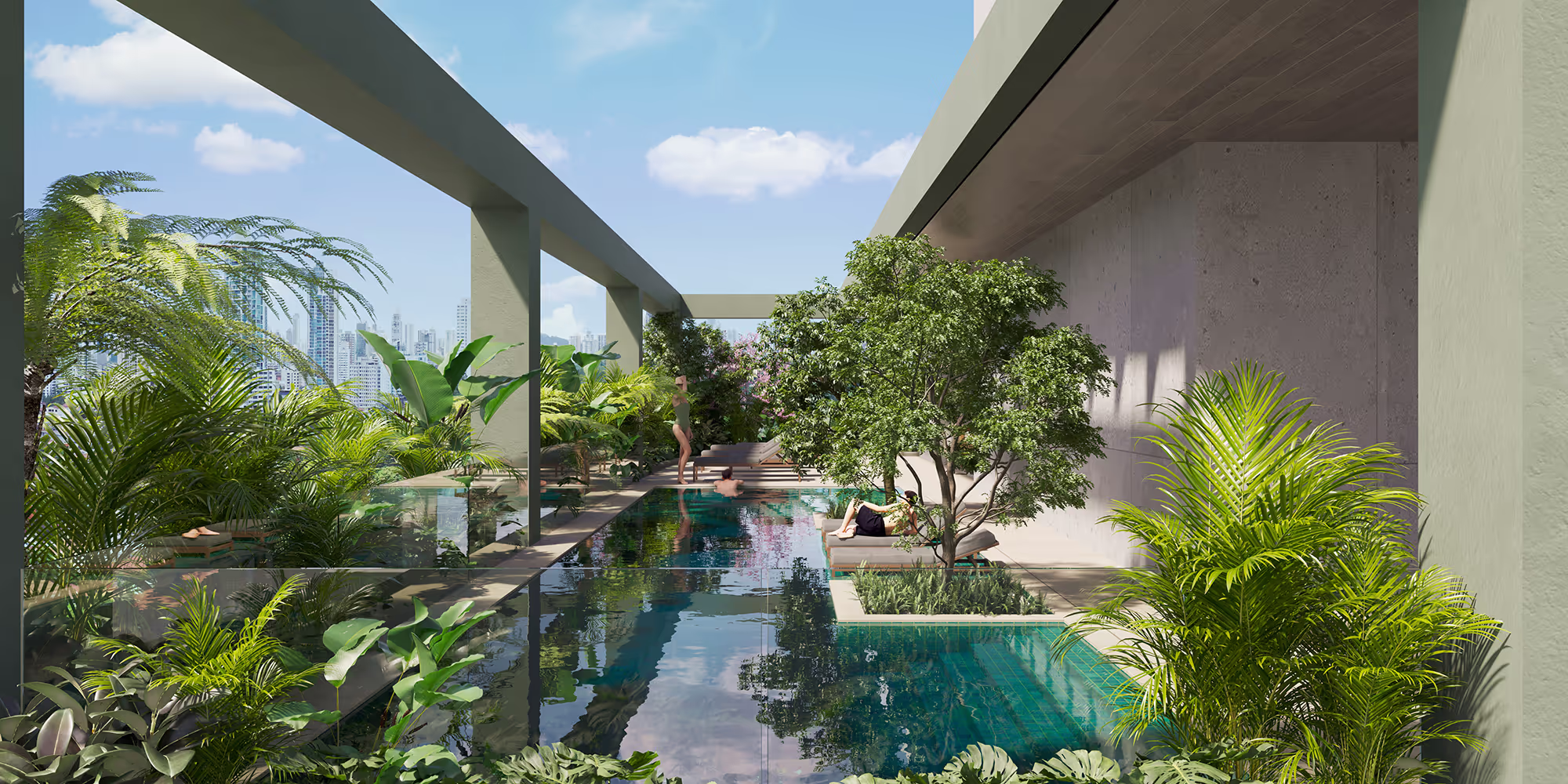 Swimming pool surrounded by tropical plants at A19 Cincuentenario