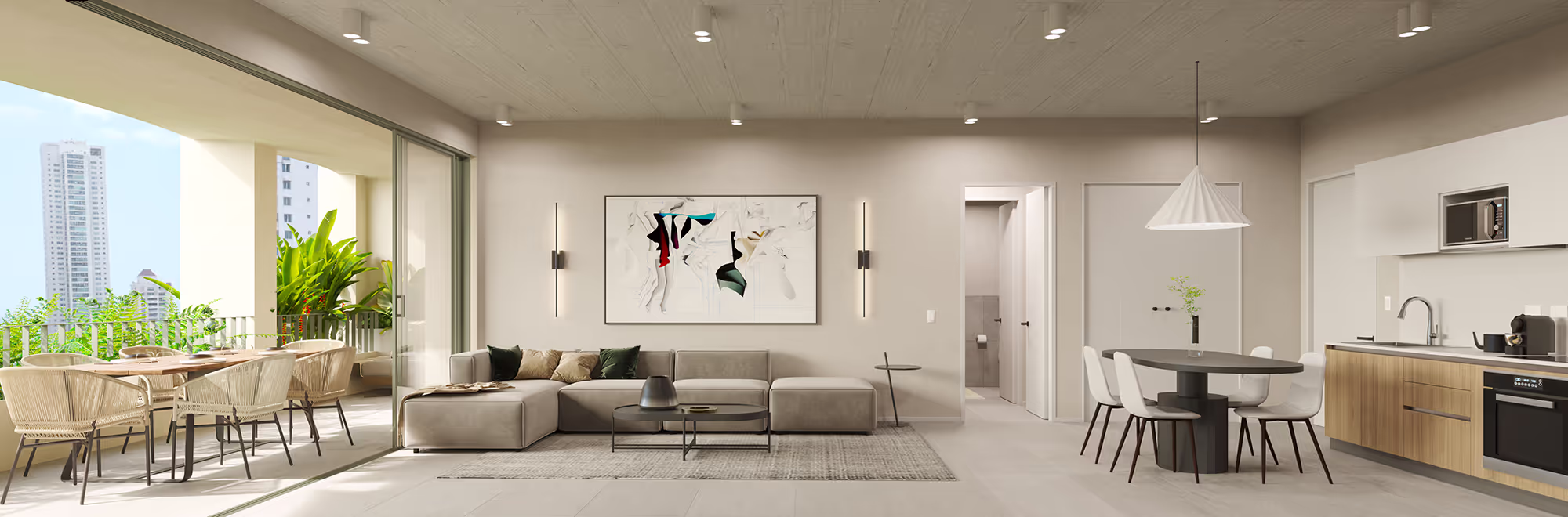 Living, dining room and kitchen of an A19 Cincuentenario apartment