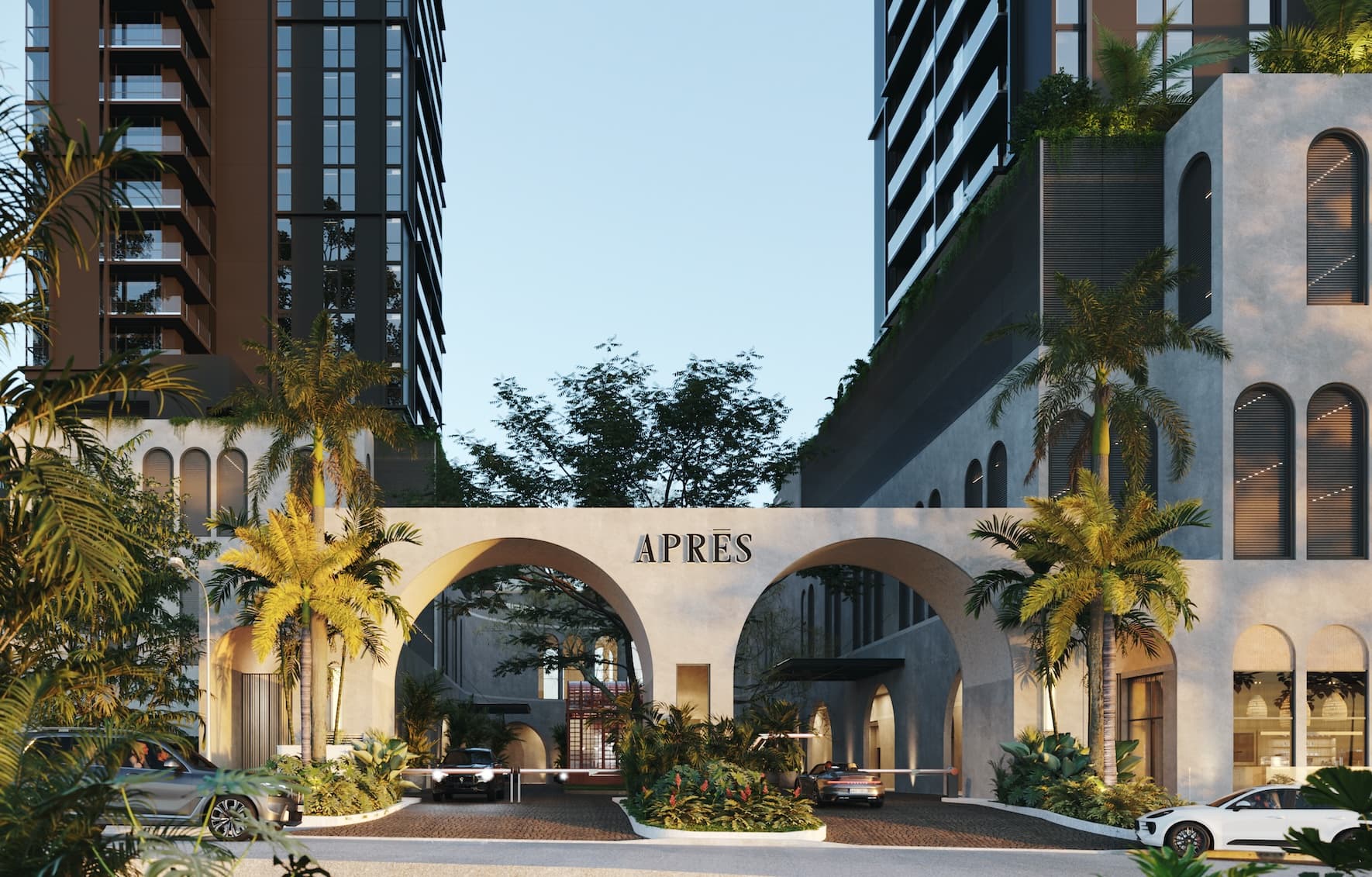 Grand entrance with arches and gardens at Après