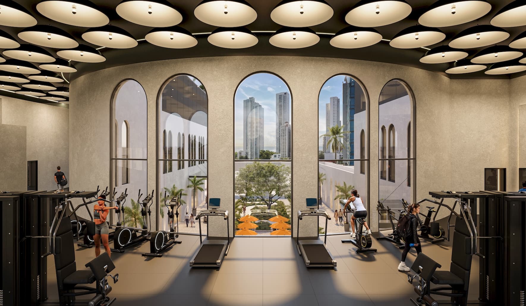 The grand gym with arched windows at Après