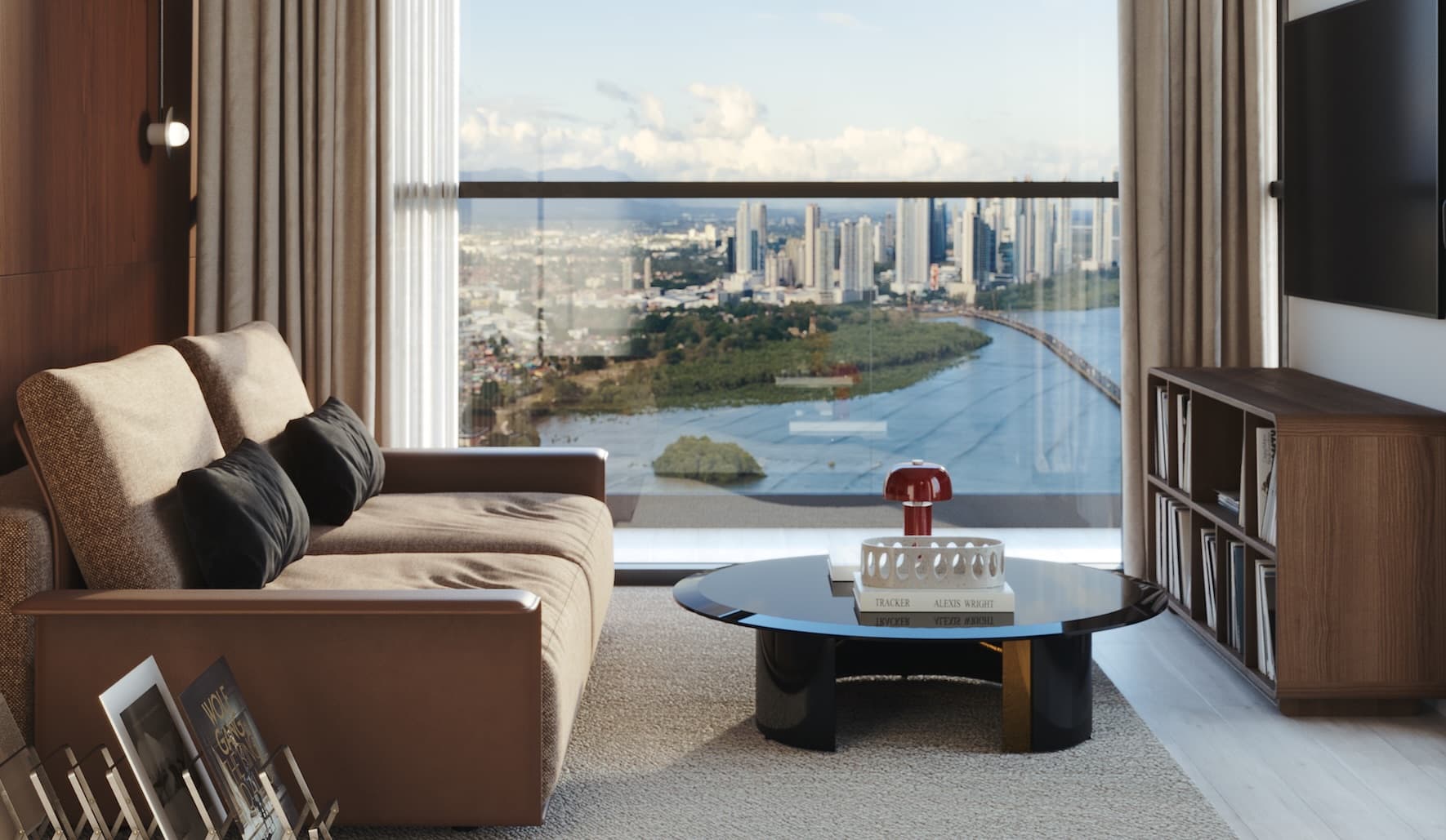 Living room with bay and city views in an Après apartment