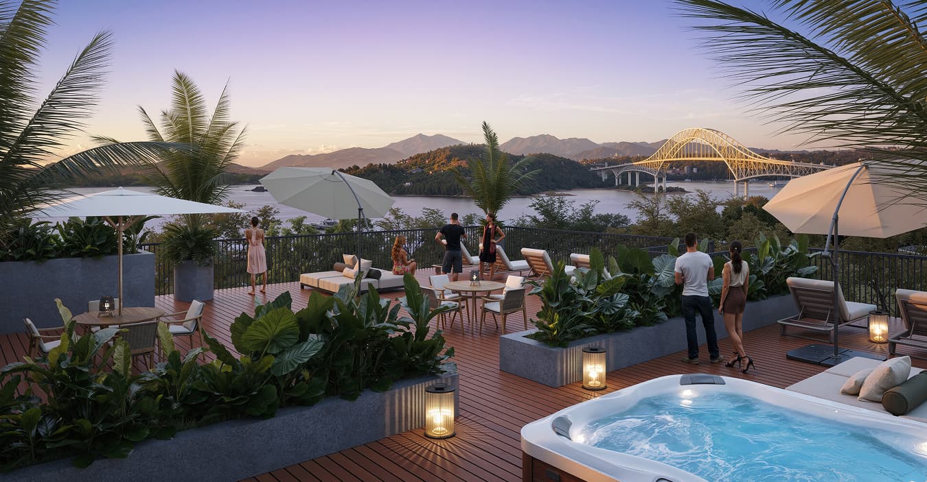 Rooftop with jacuzzi and views of the Bridge of the Americas at Baula Residences