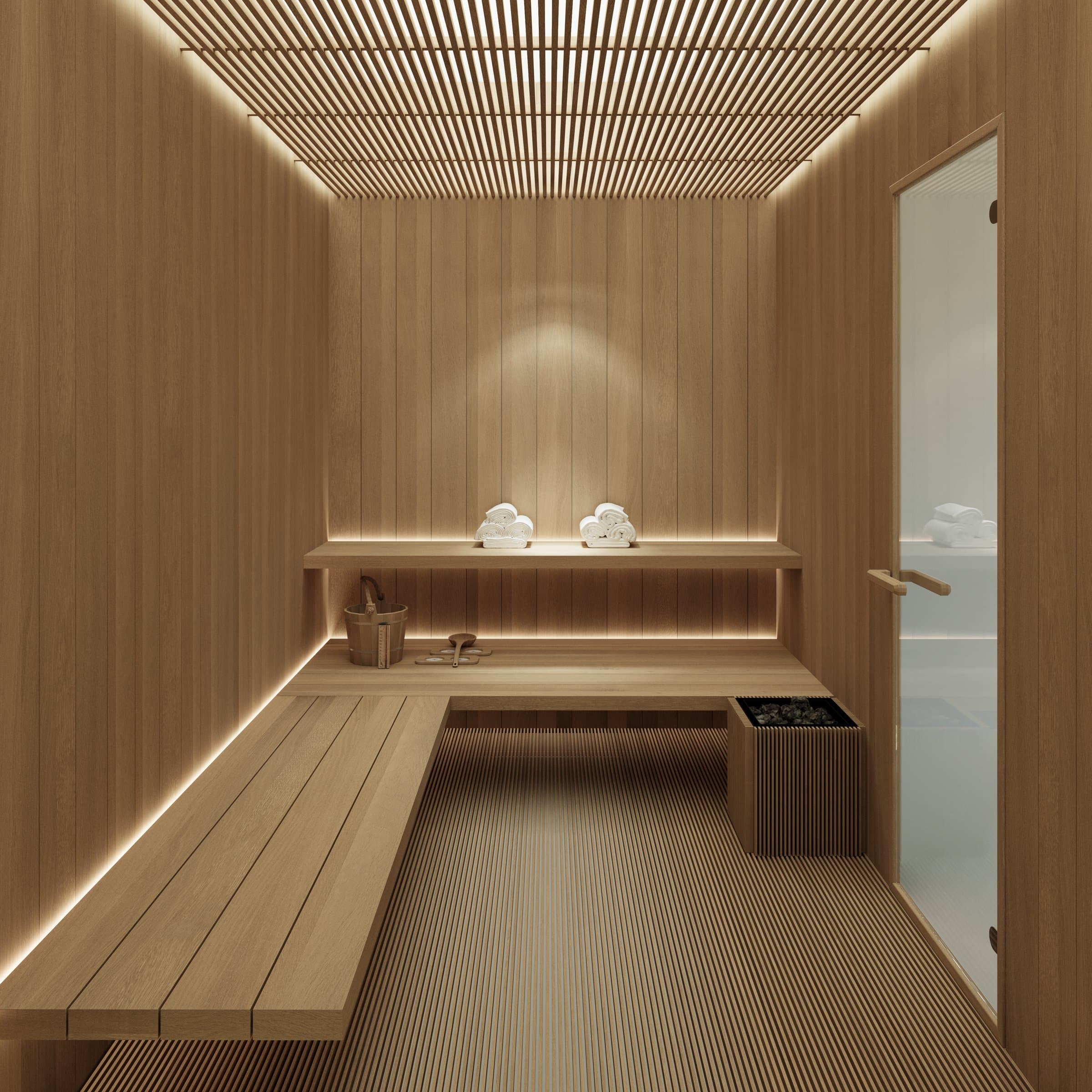Wood-lined sauna at Baula Residences