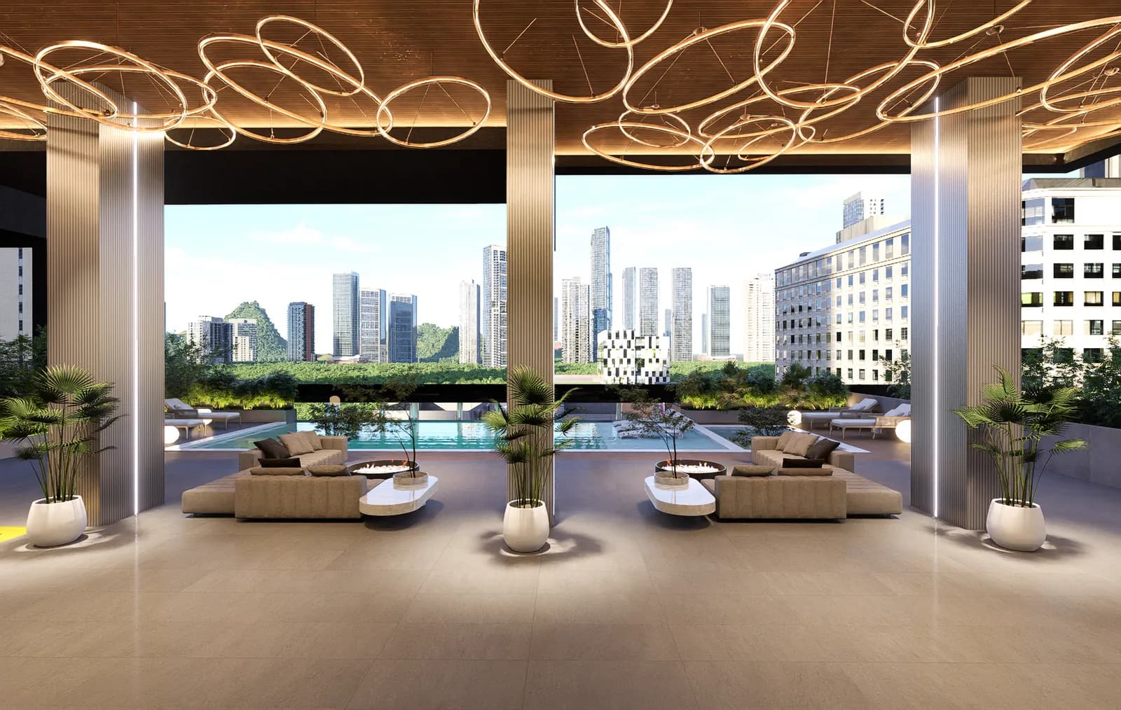 Covered terrace lounge facing the pool and the skyline at Sky Parc II