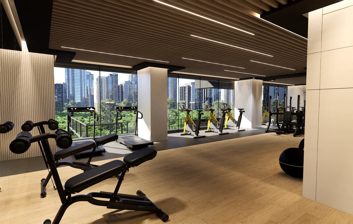 Fitness center with city views at Sky Parc II
