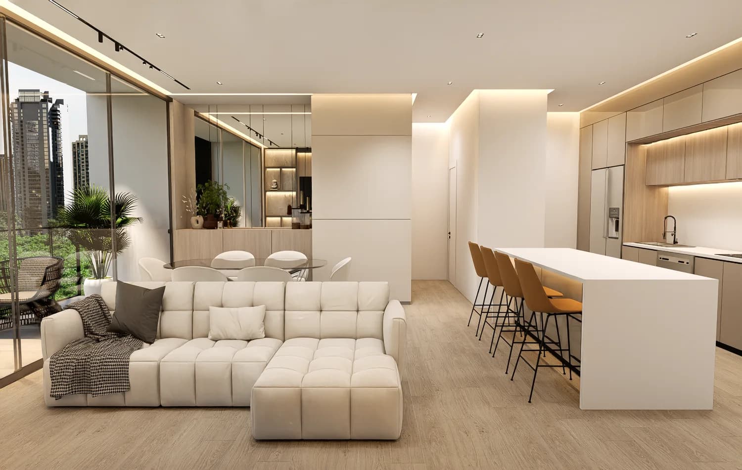 Living room and kitchen of a Sky Parc II apartment