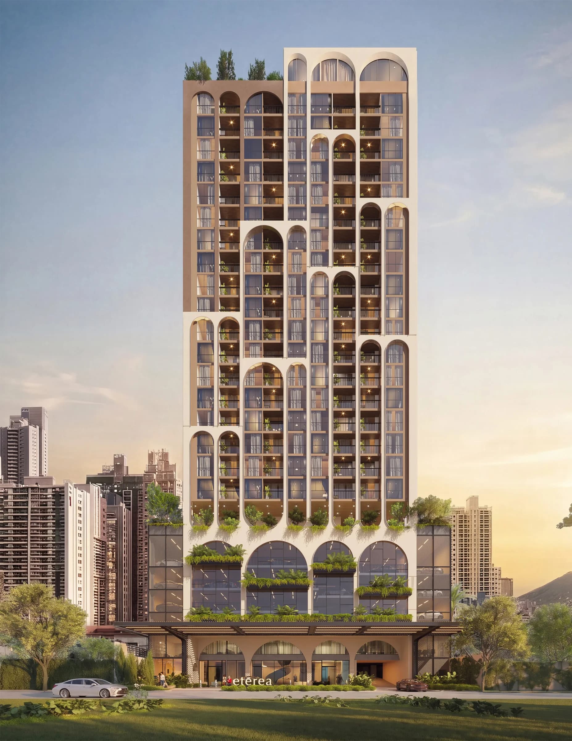 Vertical render of the Etērea tower facade in Bella Vista, with its arched neocolonial design