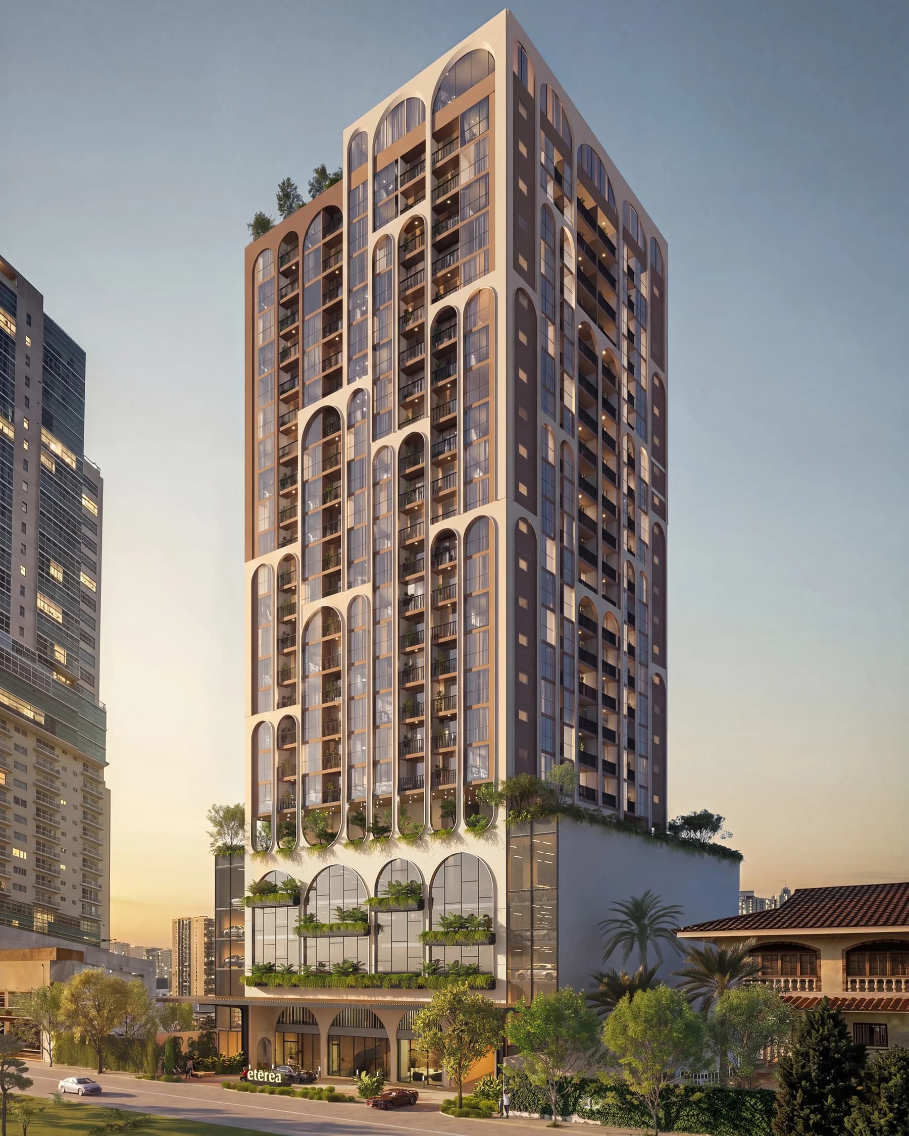 Street-level render of the Etērea facade at dusk in Bella Vista