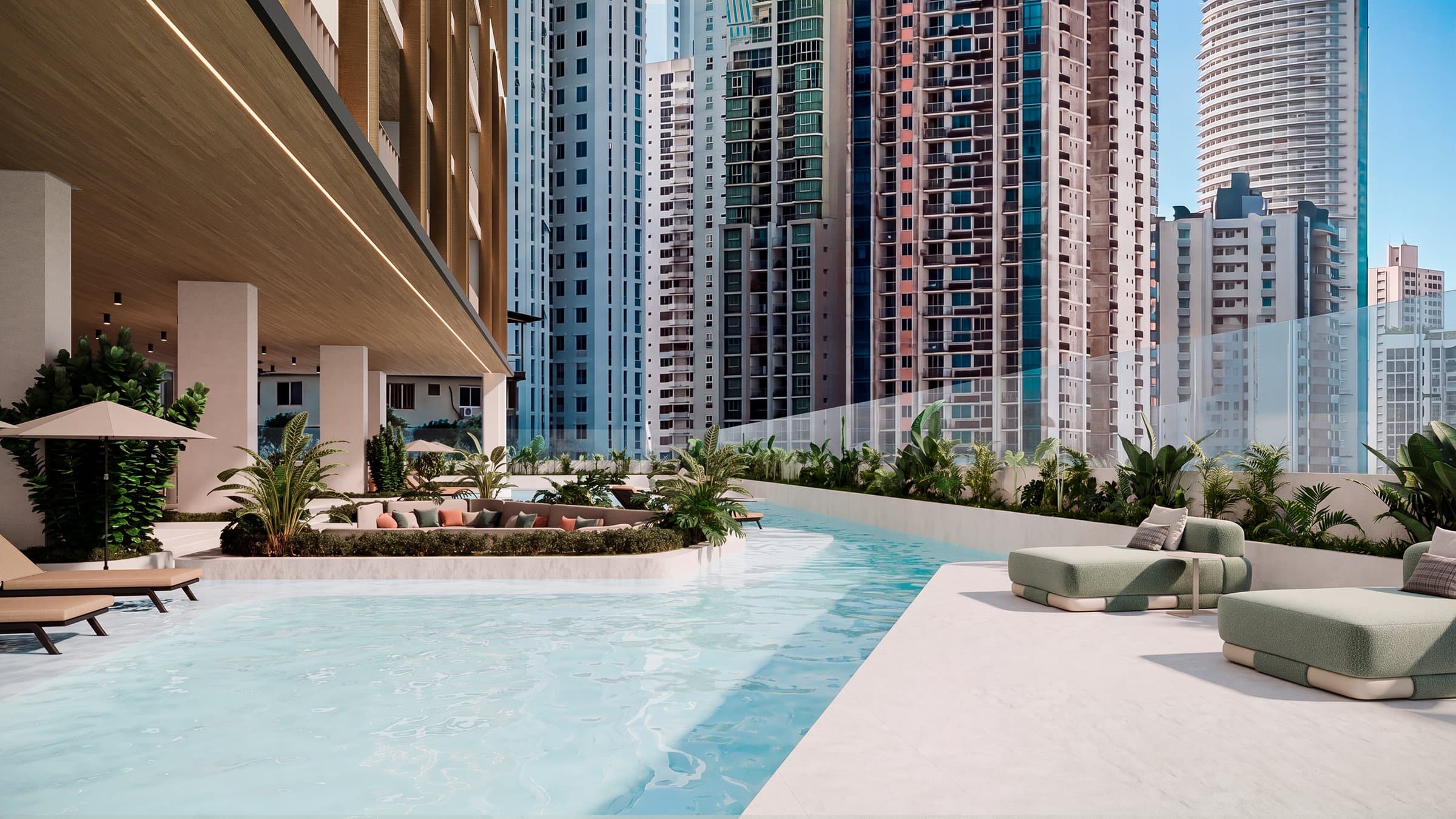 Elevated pool with sun loungers and city views at Etērea