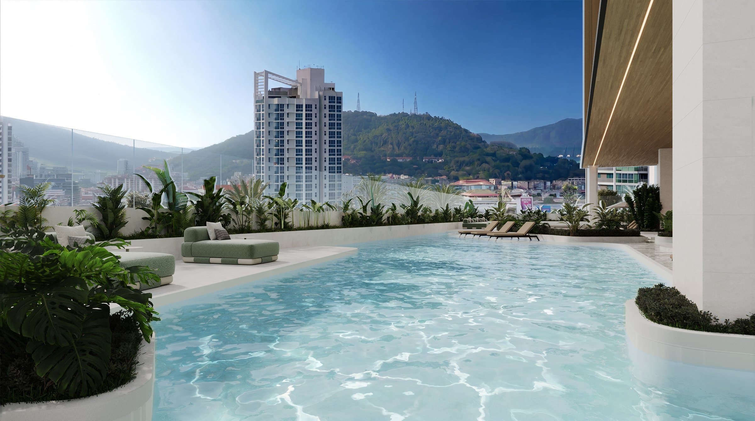 Pool deck surrounded by planting at Etērea, with city and hillside views