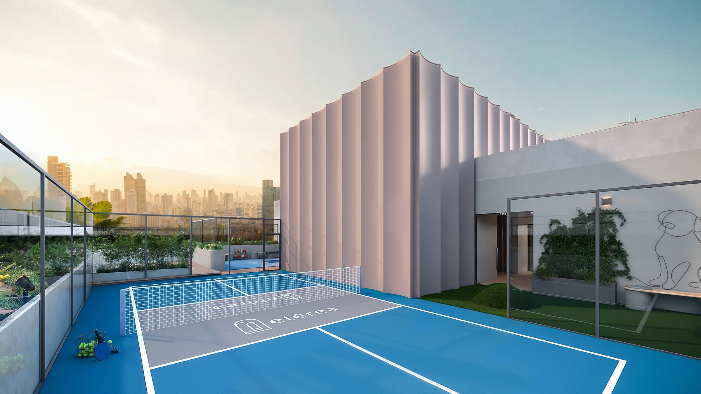 Rooftop pickleball court at Etērea