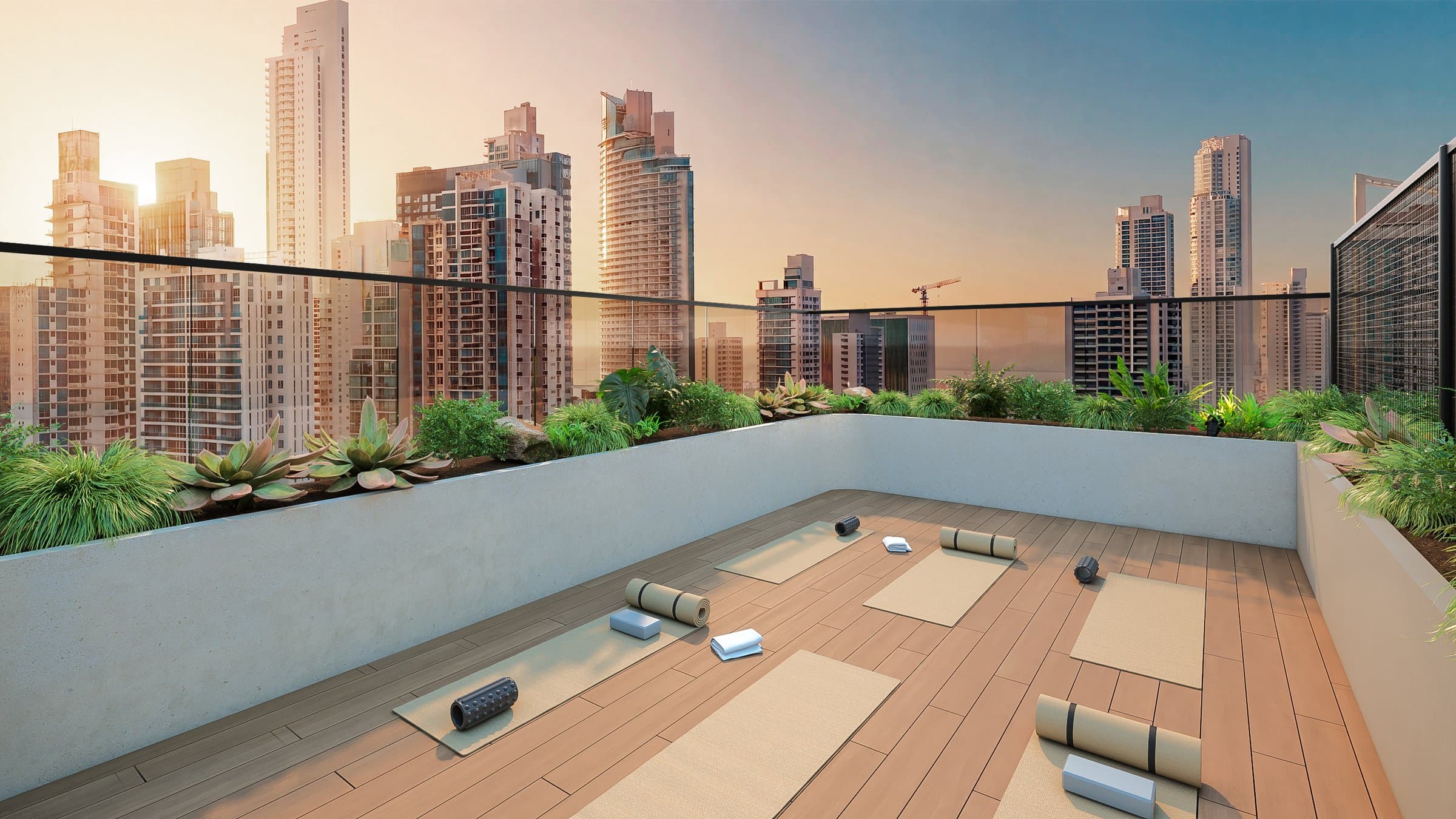 Rooftop yoga garden at sunset at Etērea