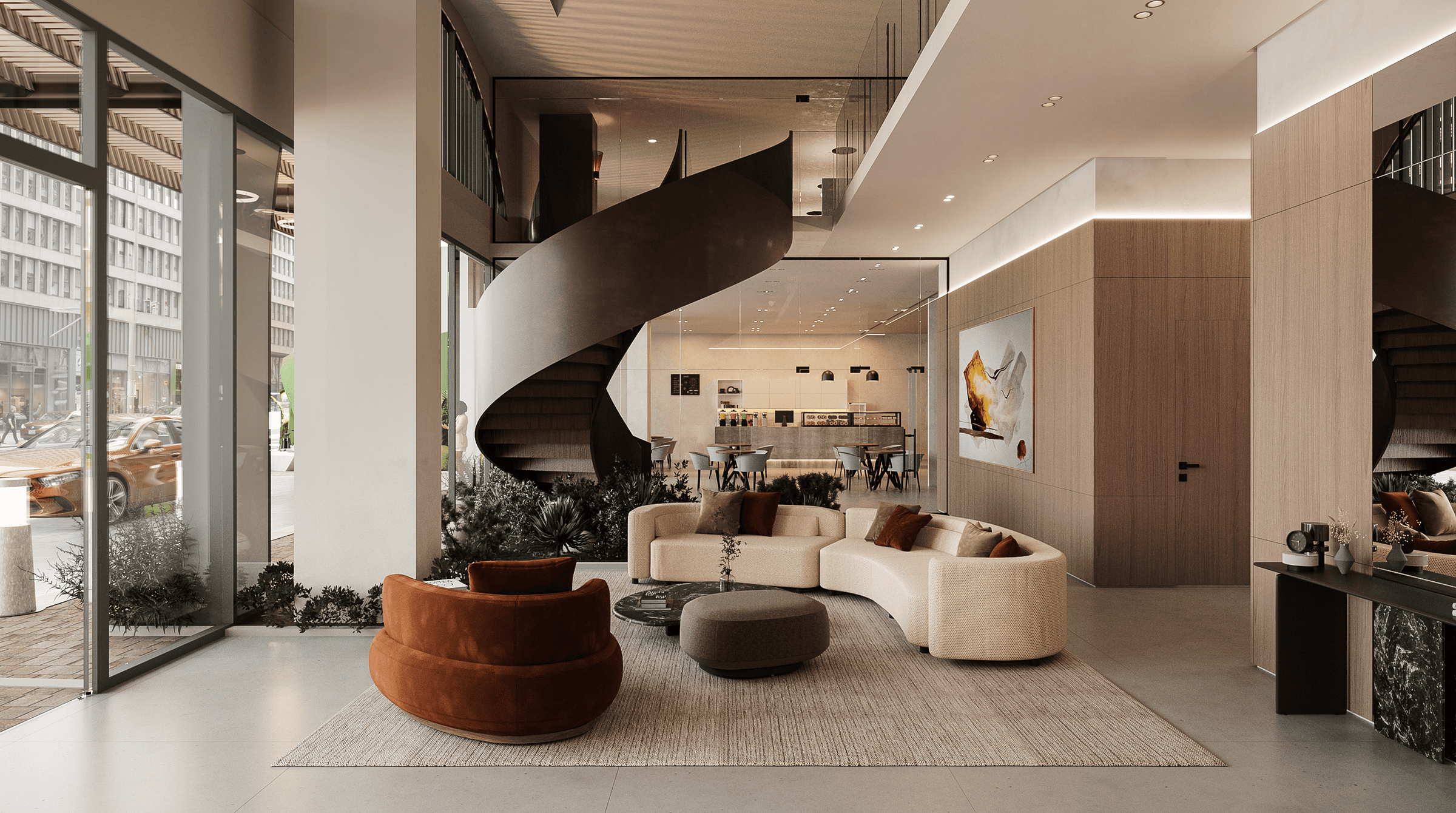 Double-height lobby with a spiral staircase at Etērea