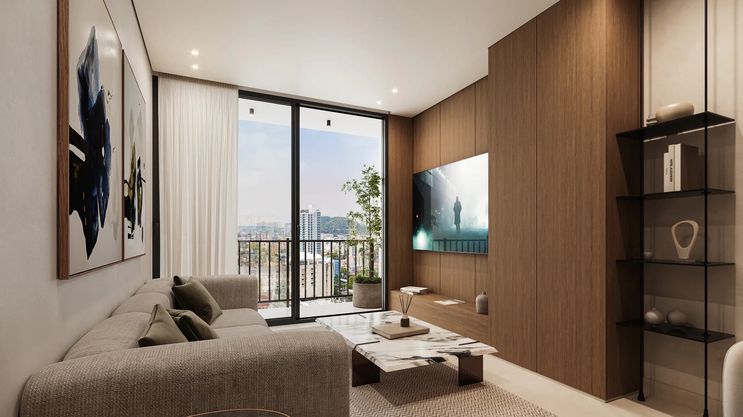 Living room of a one-bedroom apartment at Etērea