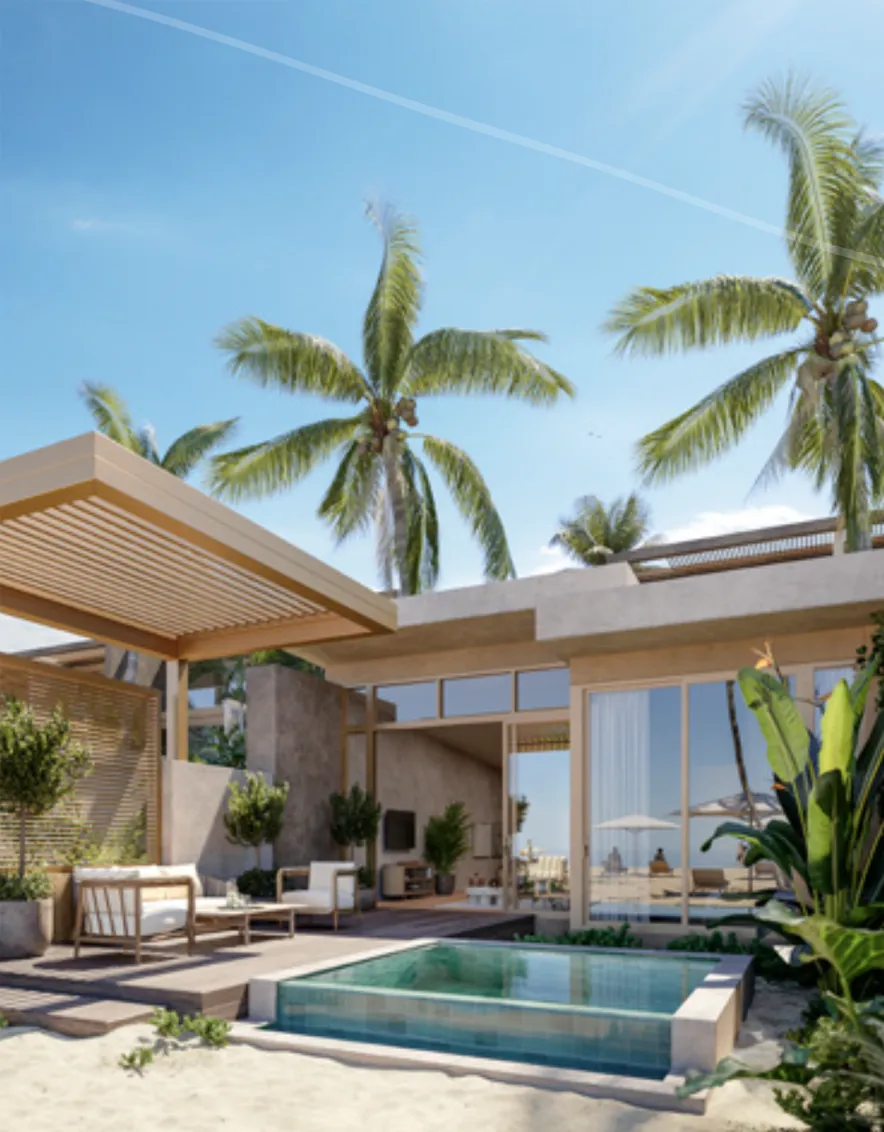 Seashore Beachfront Villas facade with pergola and plunge pool, Playa Caracol