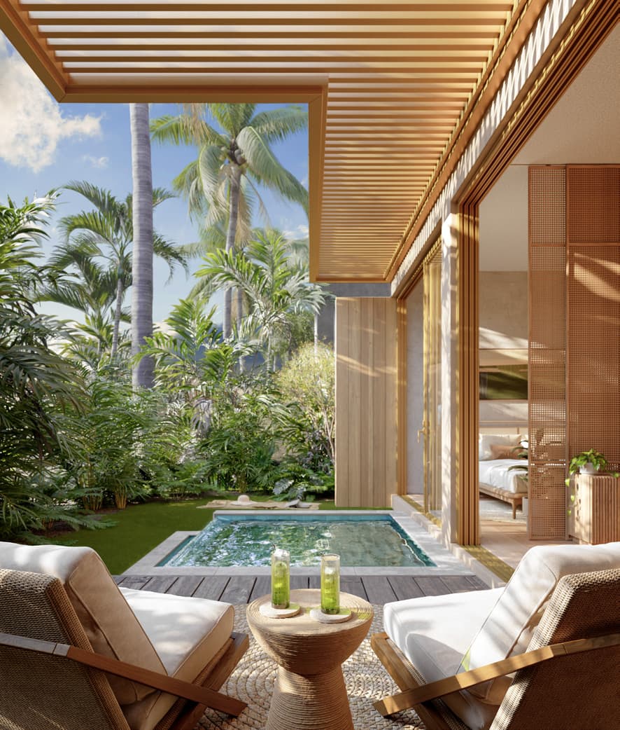 Garden terrace with plunge pool at Seashore Beachfront Villas