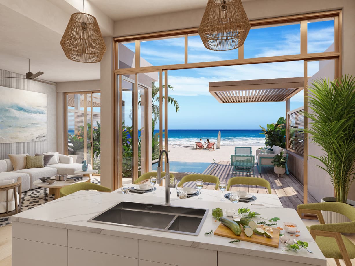 Kitchen with beach view at Seashore Beachfront Villas