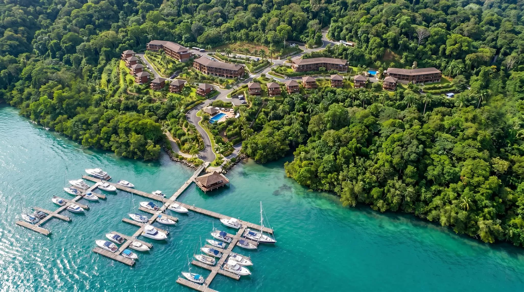 Aerial view of the Trophy Bay marina and residences in the estuary