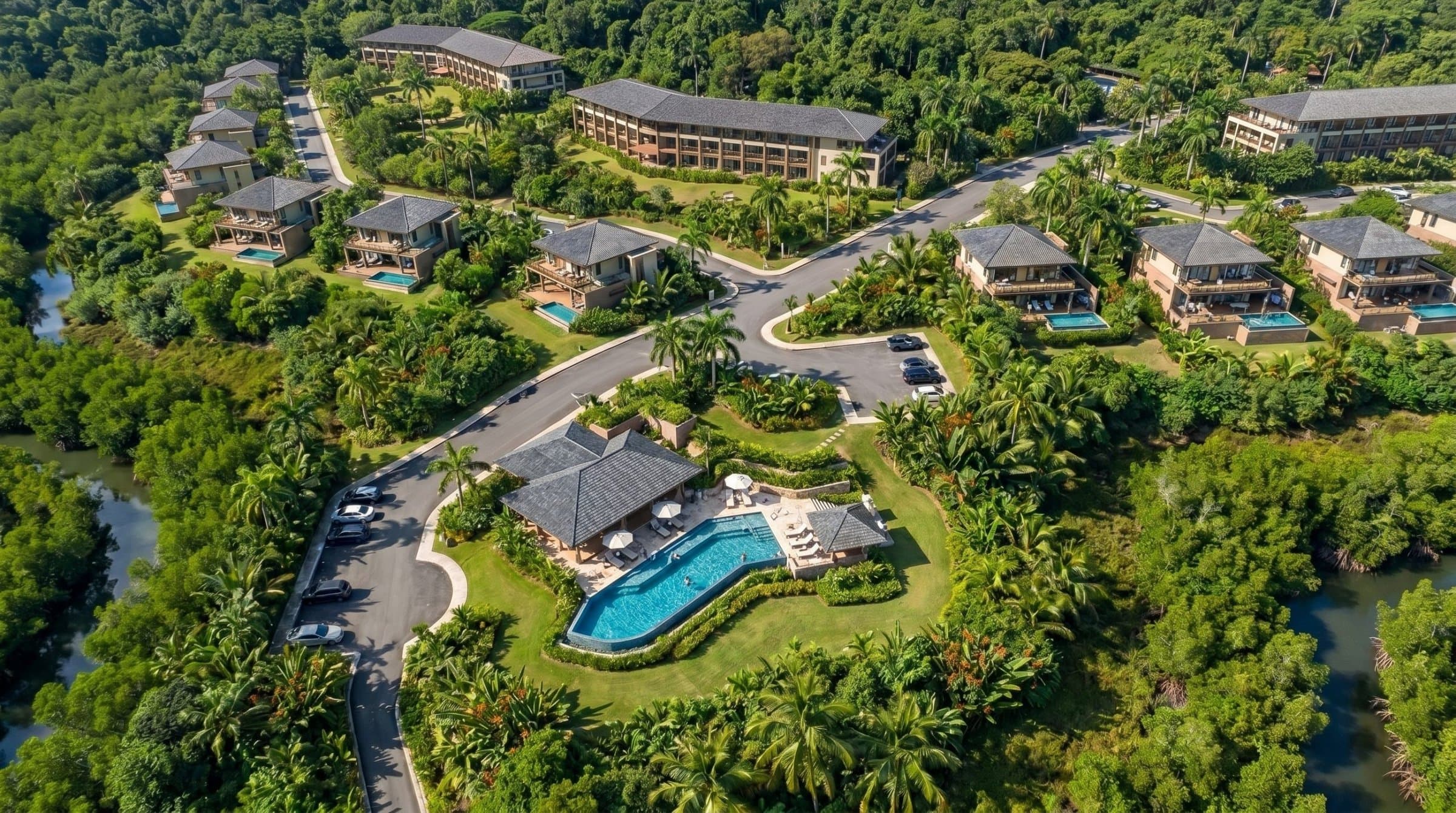 Aerial view of the Garden Villas at Trophy Bay