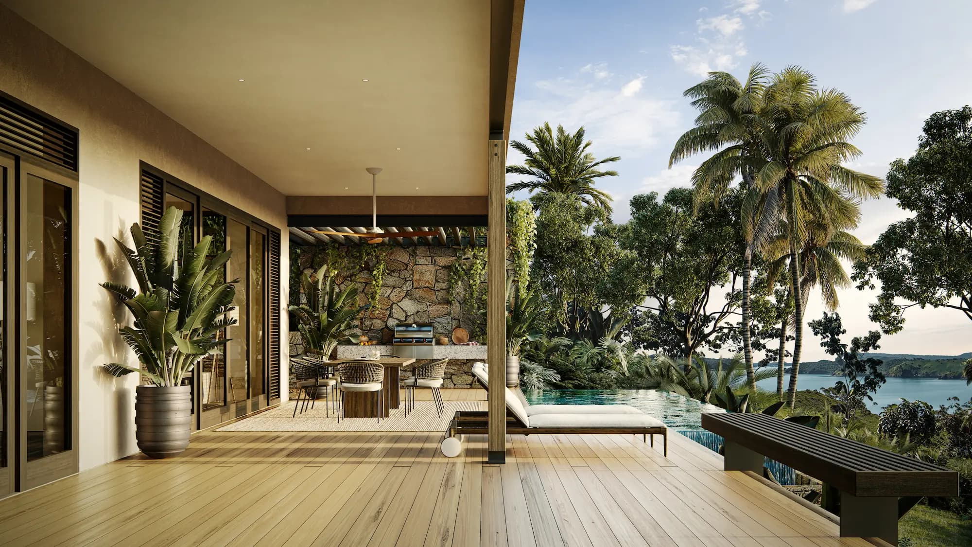 Covered outdoor terrace of a Garden Villa at Trophy Bay